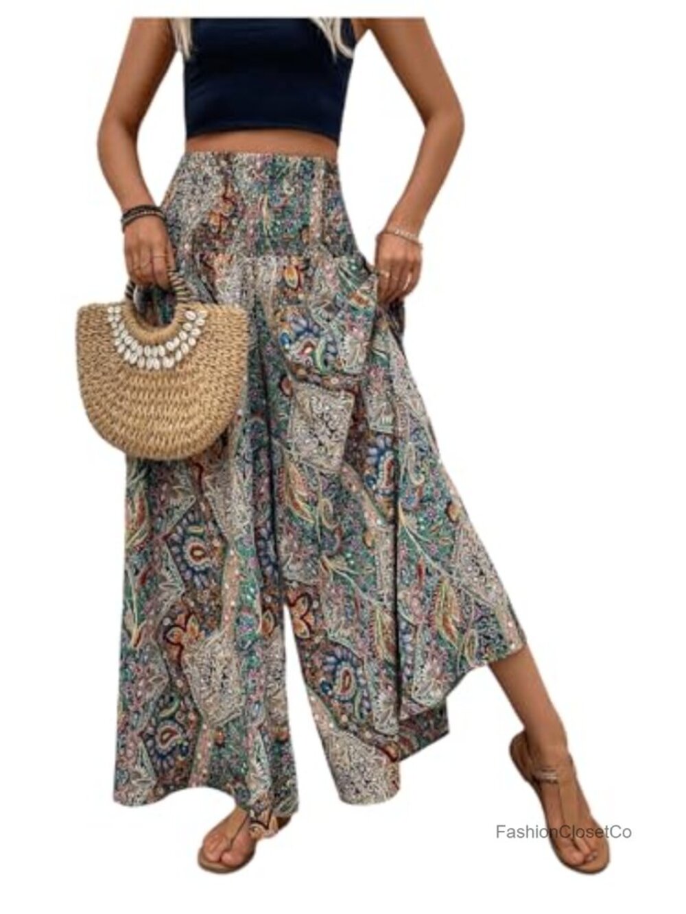 Boho Paisley Print Wide Leg Palazzo Pants High Waisted Flowy
